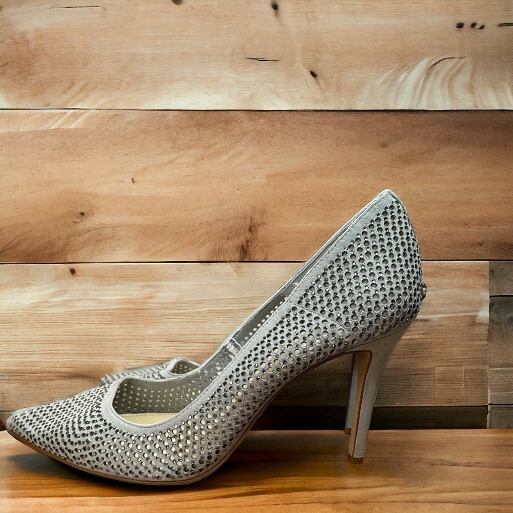 GUC Vince Camuto Grey‎ Suede with Silver Rhinestones Stilettos Size 10